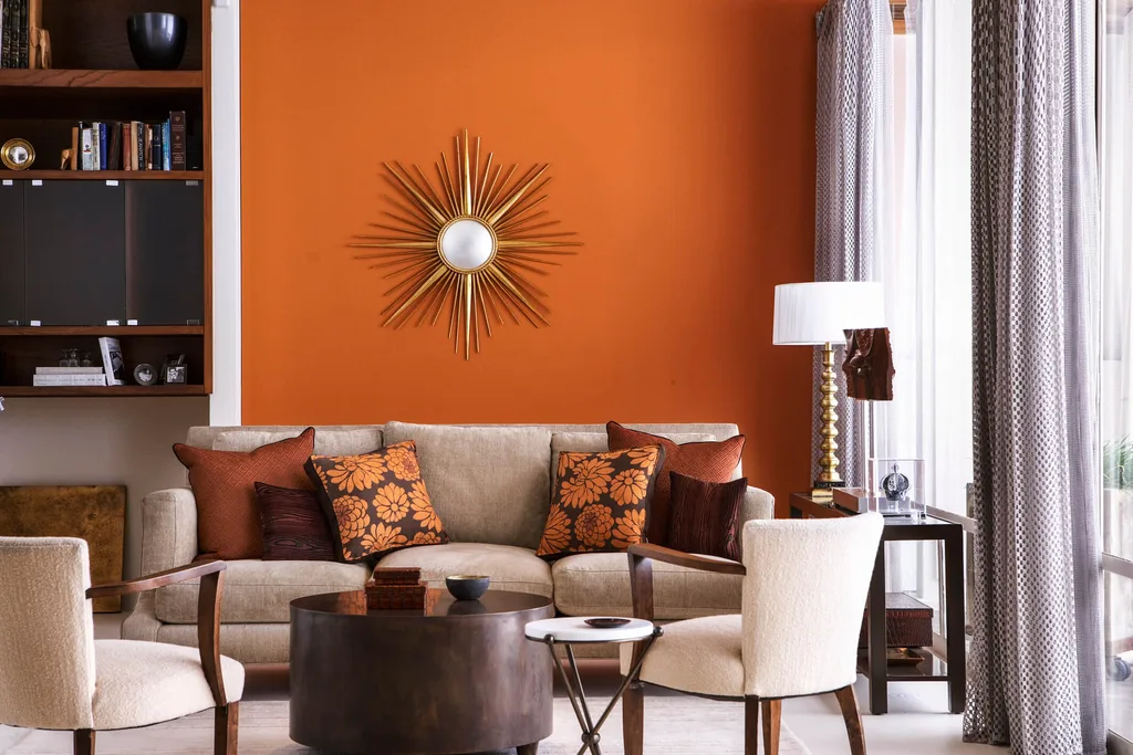 An orange decorated living room