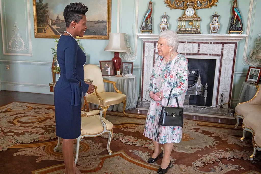 Queen Elizabeth meets High Commissioner Grenada in Audience Room at Buckingham Palace