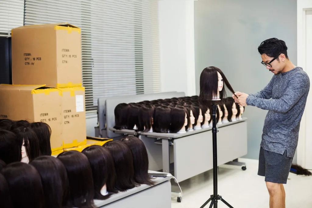 A male hairdresser practicing hair cutting on mannequin hair