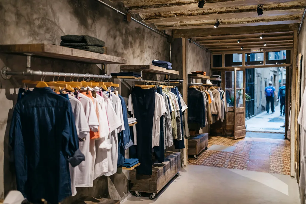 A small clothing shop with concrete walls and roof
