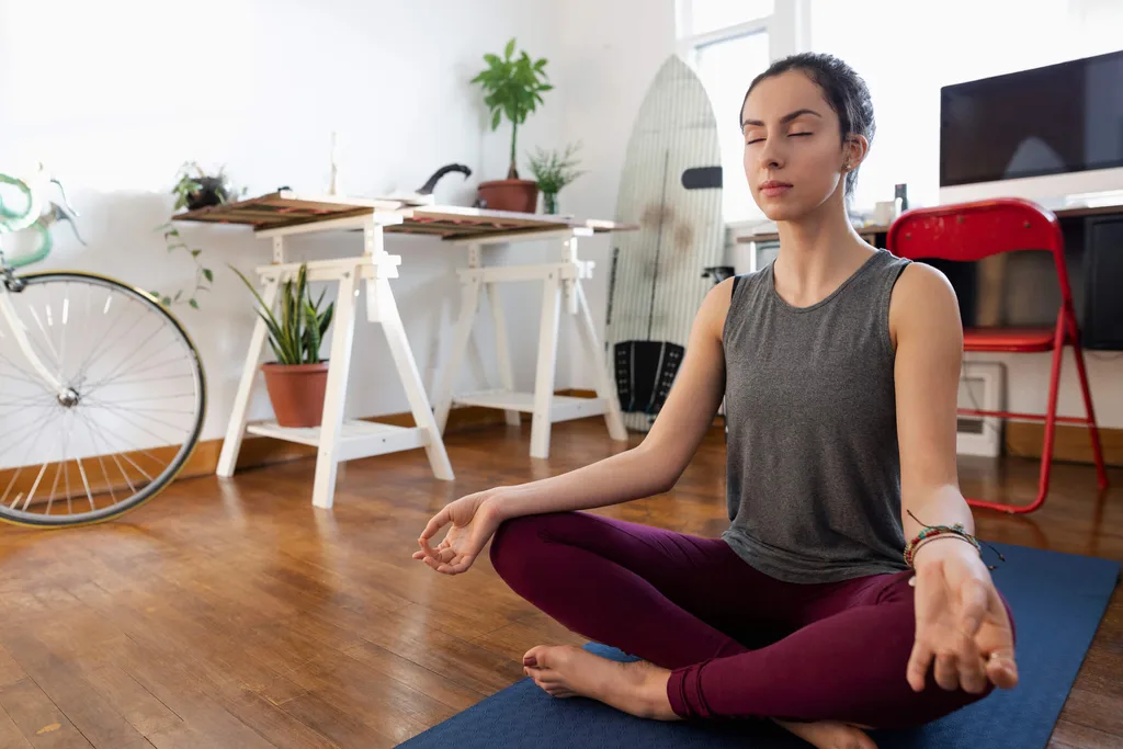 A woman meditating on a yoga met in her apartment