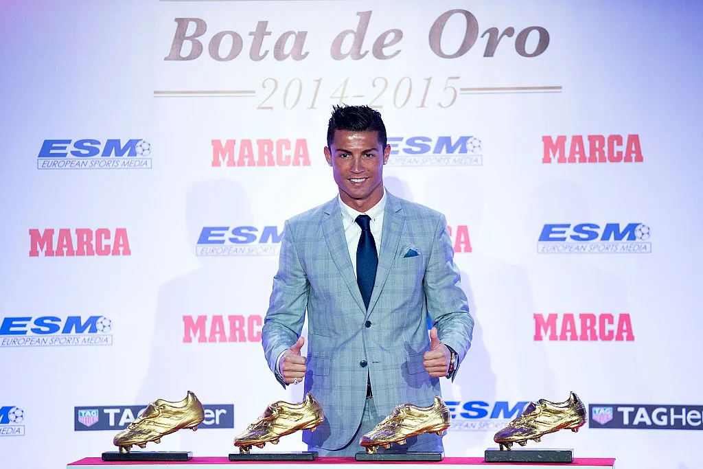 Cristiano Ronaldo in front of his four golden boot awards