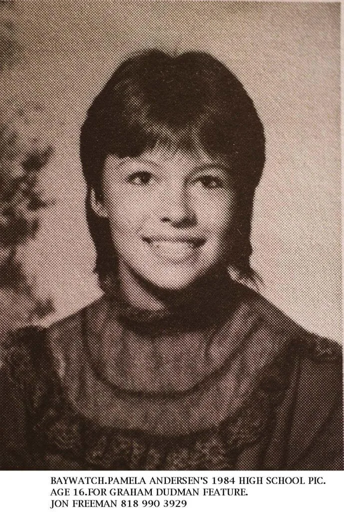 A sepia tone yearbook photo of Pamela Anderson