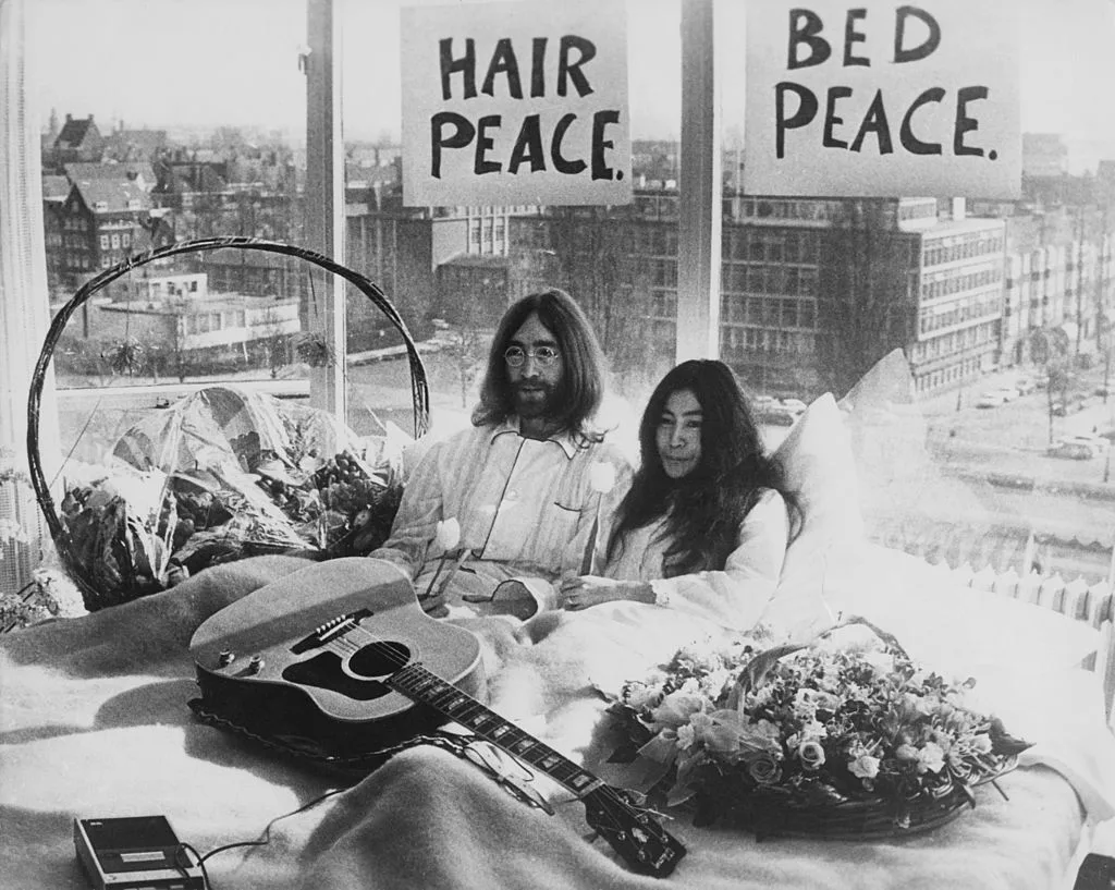 John Lennon and Yoko Ono during their Bed-In For Peace protest