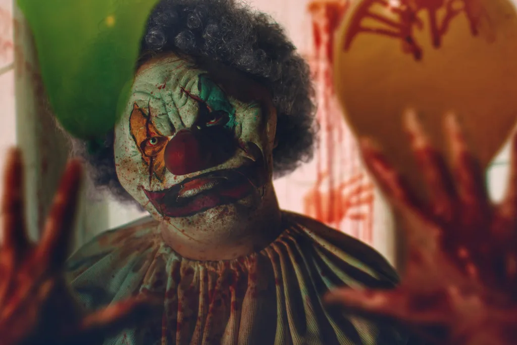 A creepy clown mask in the mirror