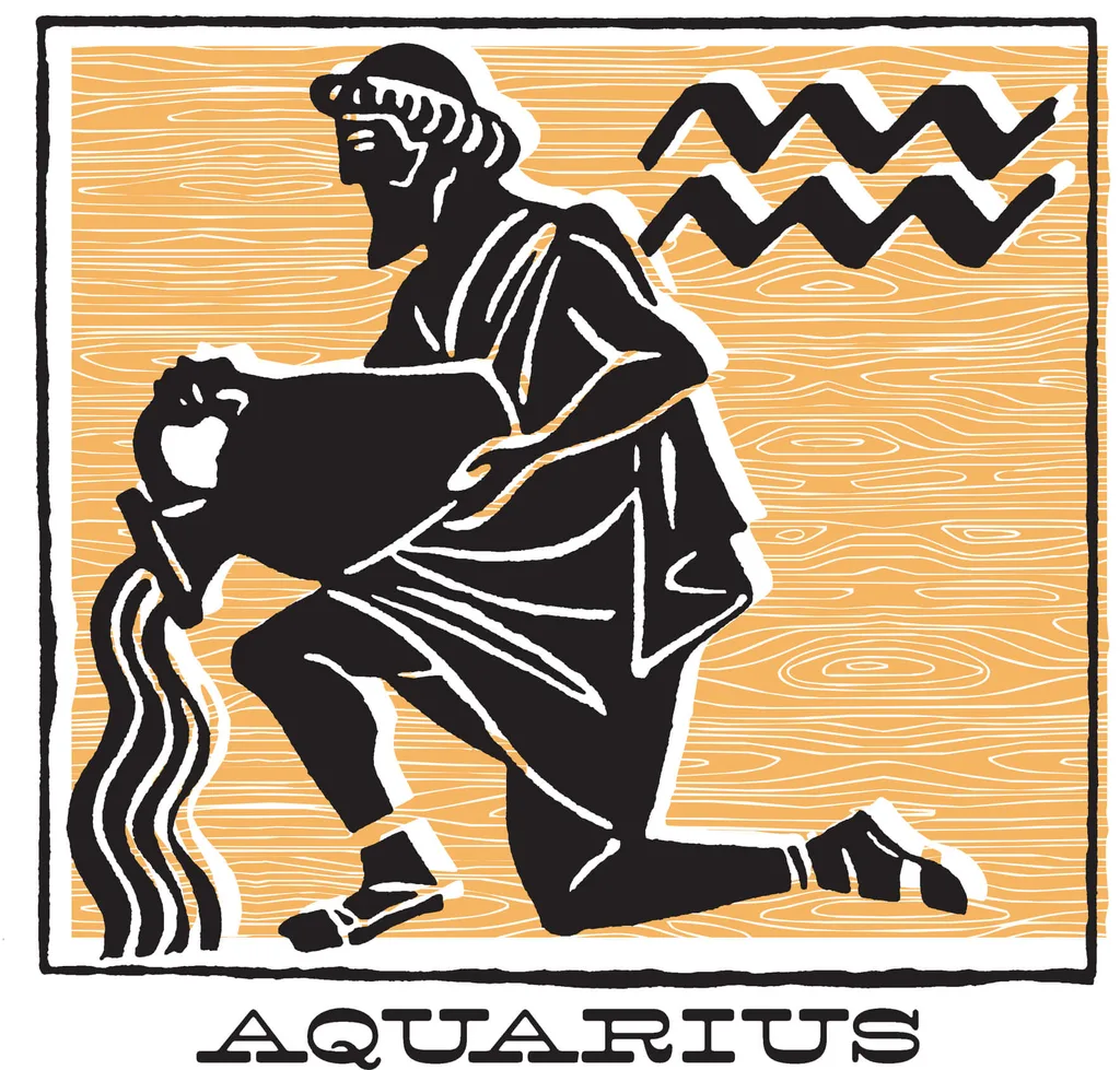 An orange and black symbol of a Aquarius zodiac sign