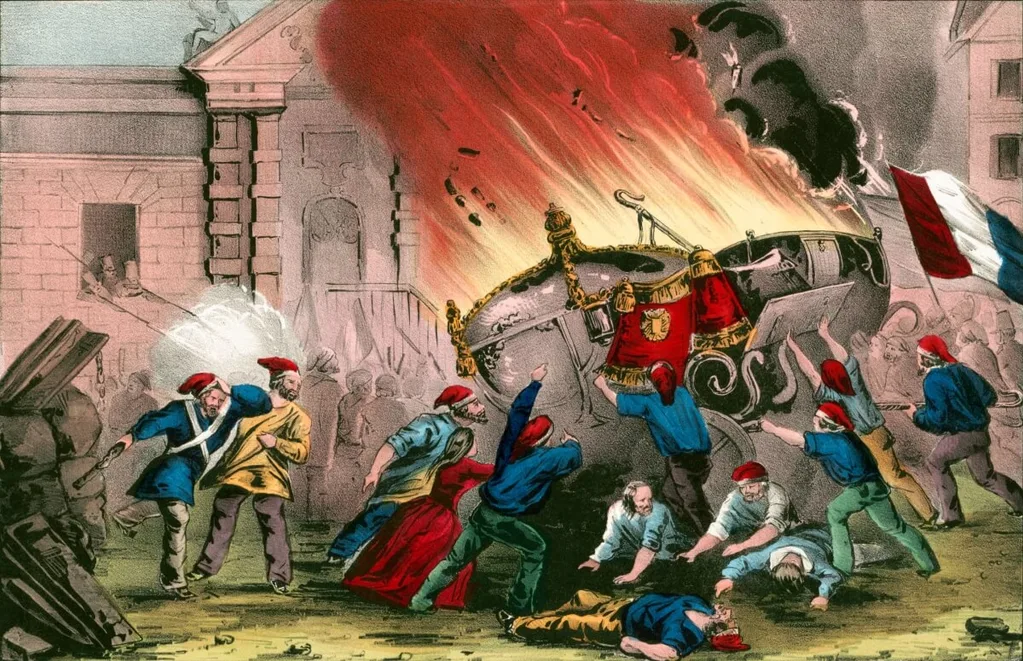 A vintage illustration of French cititzens burning Royal carriages