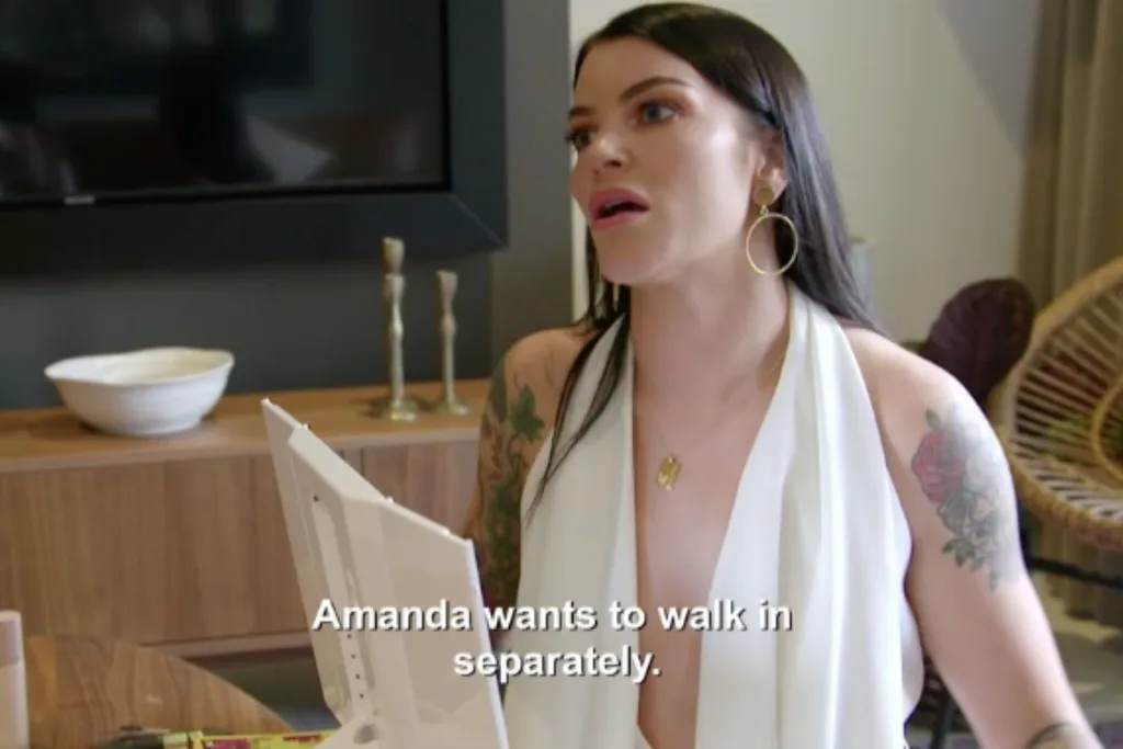 Then a producer, speaking to Tash, drops the bombshell. Amanda wants to walk in separately.