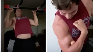Arnold Schwarzenegger’s son tries breaking egg with his bicep