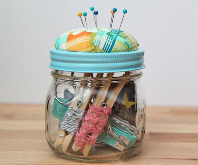 Mason jar sewing pin cushion and storage