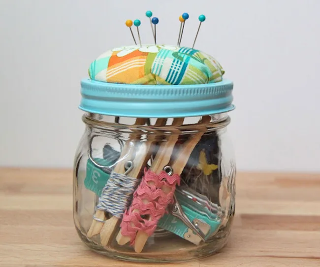 Mason jar sewing pin cushion and storage