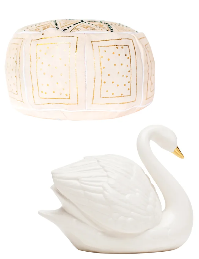 “This pouff is a fun, elegant piece for indoors or a covered outdoor setting. The swan by Douglas and Bec and Kate Sylvester, brings Kate’s stunning style into my home.” Diana Clarke. Pouf, from Superette. Douglas and Bec for Kate Sylvester swan.