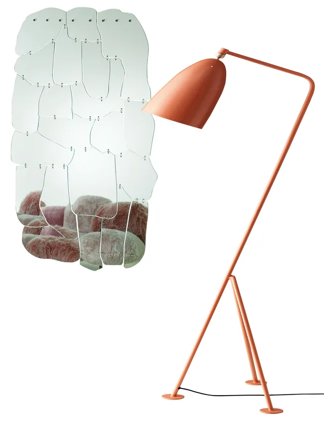 “We have just started investing in key pieces for our home and this simple lamp and gorgeous statement mirror with a shattered effect give our living area the wow factor.” Shani Luckman. Gubi floor lamp, from Cult Design. The Campana Brothers for Edra mirror,from Design 55.