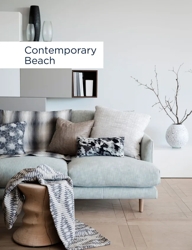 contemporary beach house, pastel blue couch, natural