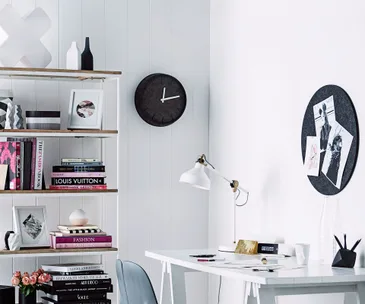 white office, black clock, office inspiration