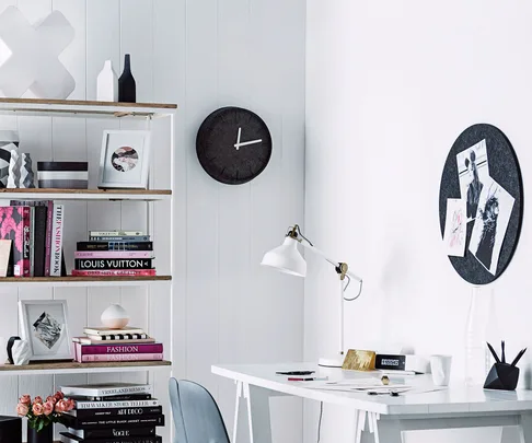 white office, black clock, office inspiration