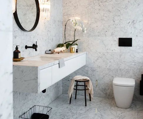 white tiles, marble bathroom