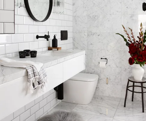 white tiles, marble bathroom