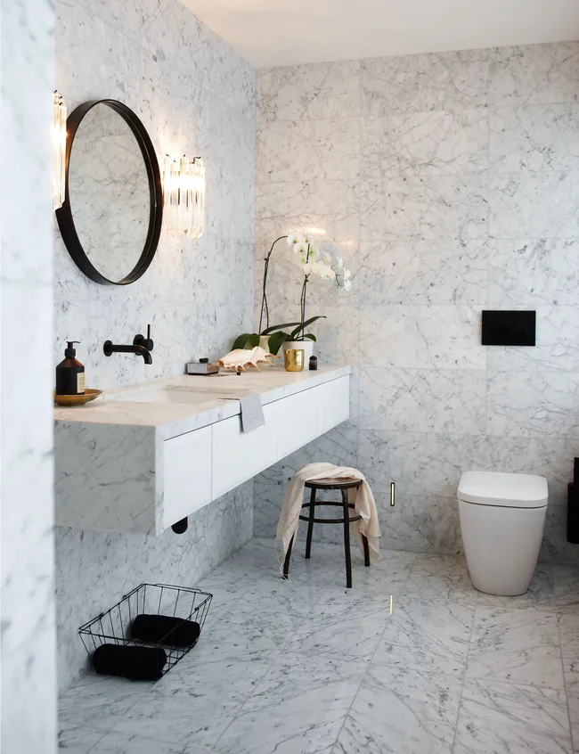white tiles, marble bathroom