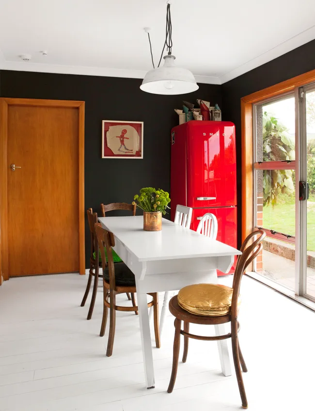 Resene, red fridge, black walls, retro
