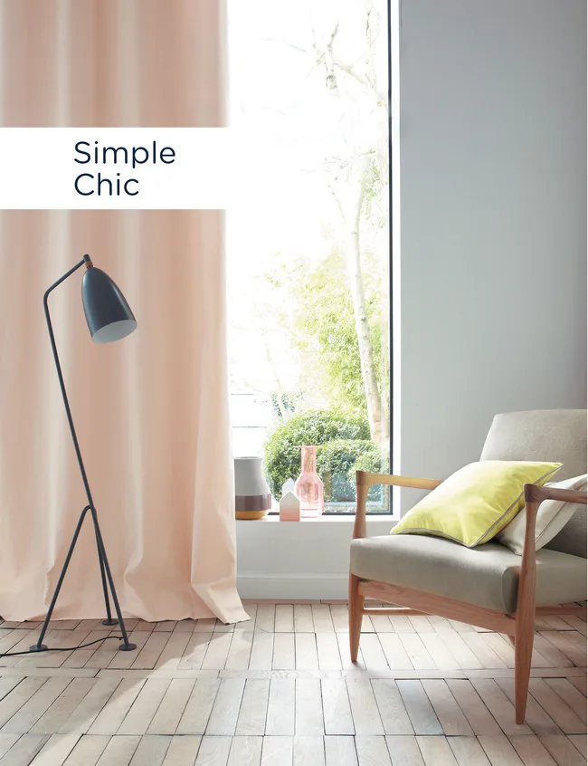 simple, chic, peach curtain, occasional chair