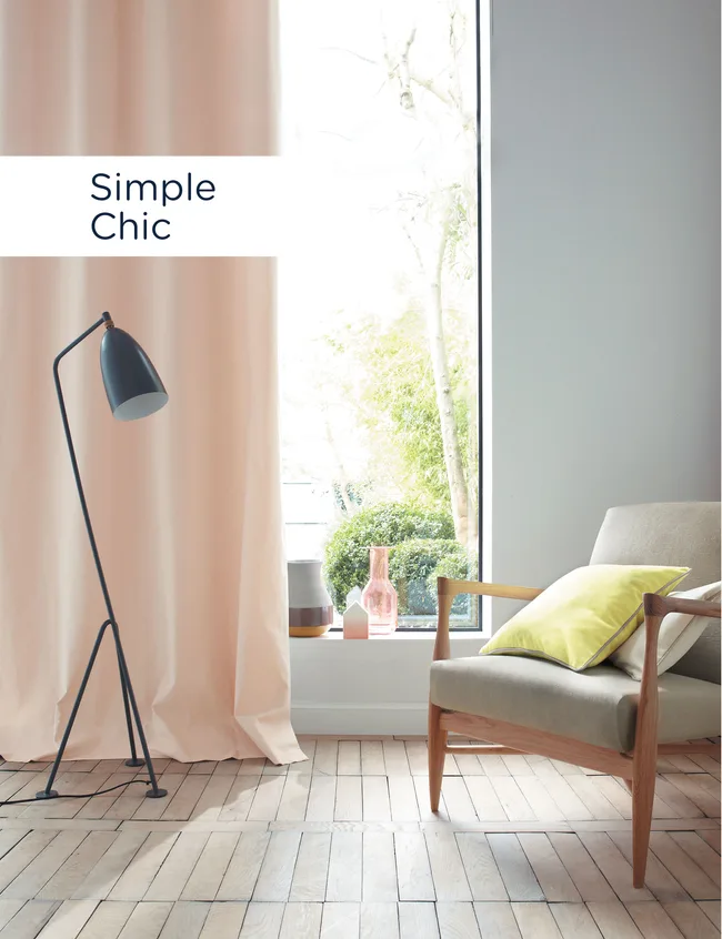simple, chic, peach curtain, occasional chair