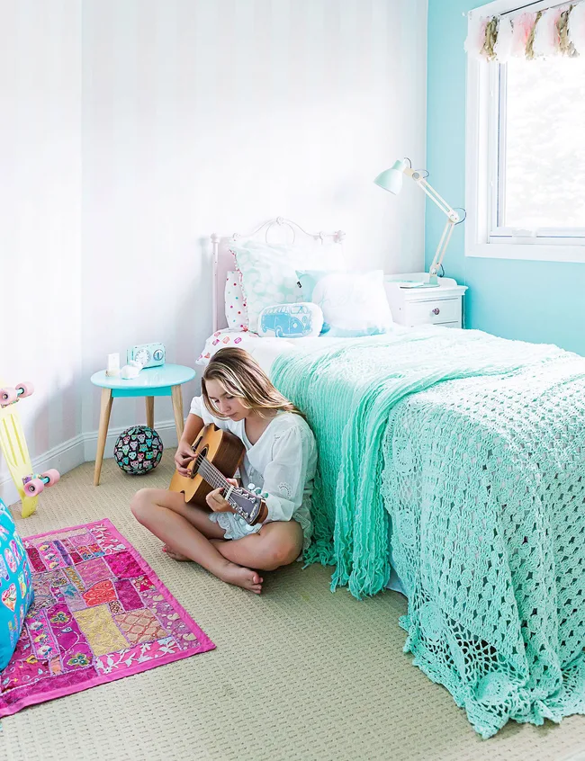 Bernadette Cross, kids bedroom, Tiffany blue, brick cottage, Queensland