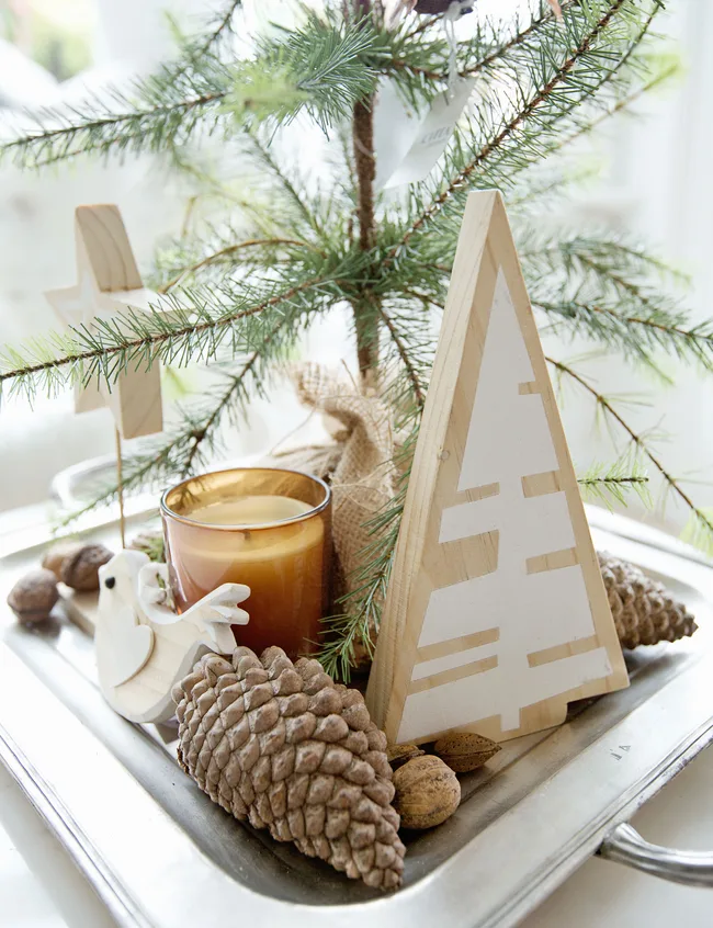 Christmas, miniature tree, decorations, pine cones