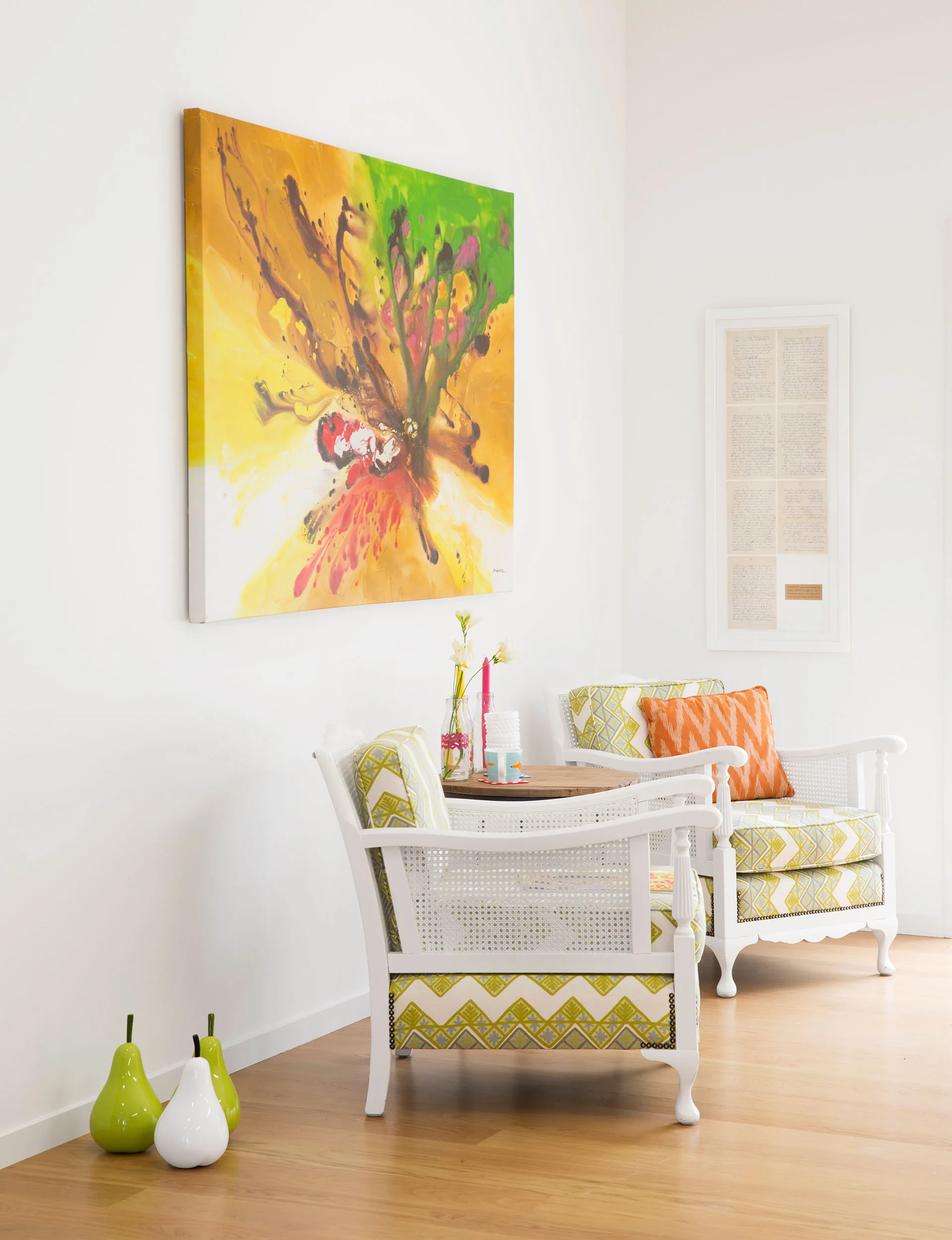 The white chairs once belonged to Geoff’s late grandmother and Jodelle had them repainted and re-covered. The couple like to sit in that corner with the doors open on a nice day and listen to the tui and bellbirds in the garden.