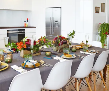 A glamorous high-rise apartment with festive cheer