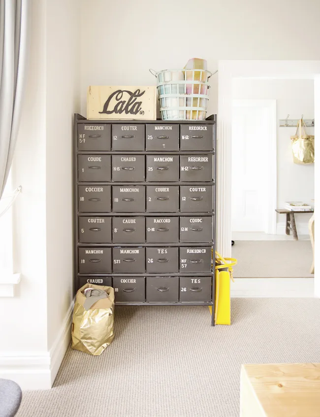 Industrial cabinetry in the master bedroom.