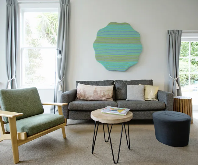 Bright art decorates the living area.