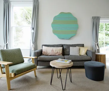 Bright art decorates the living area.