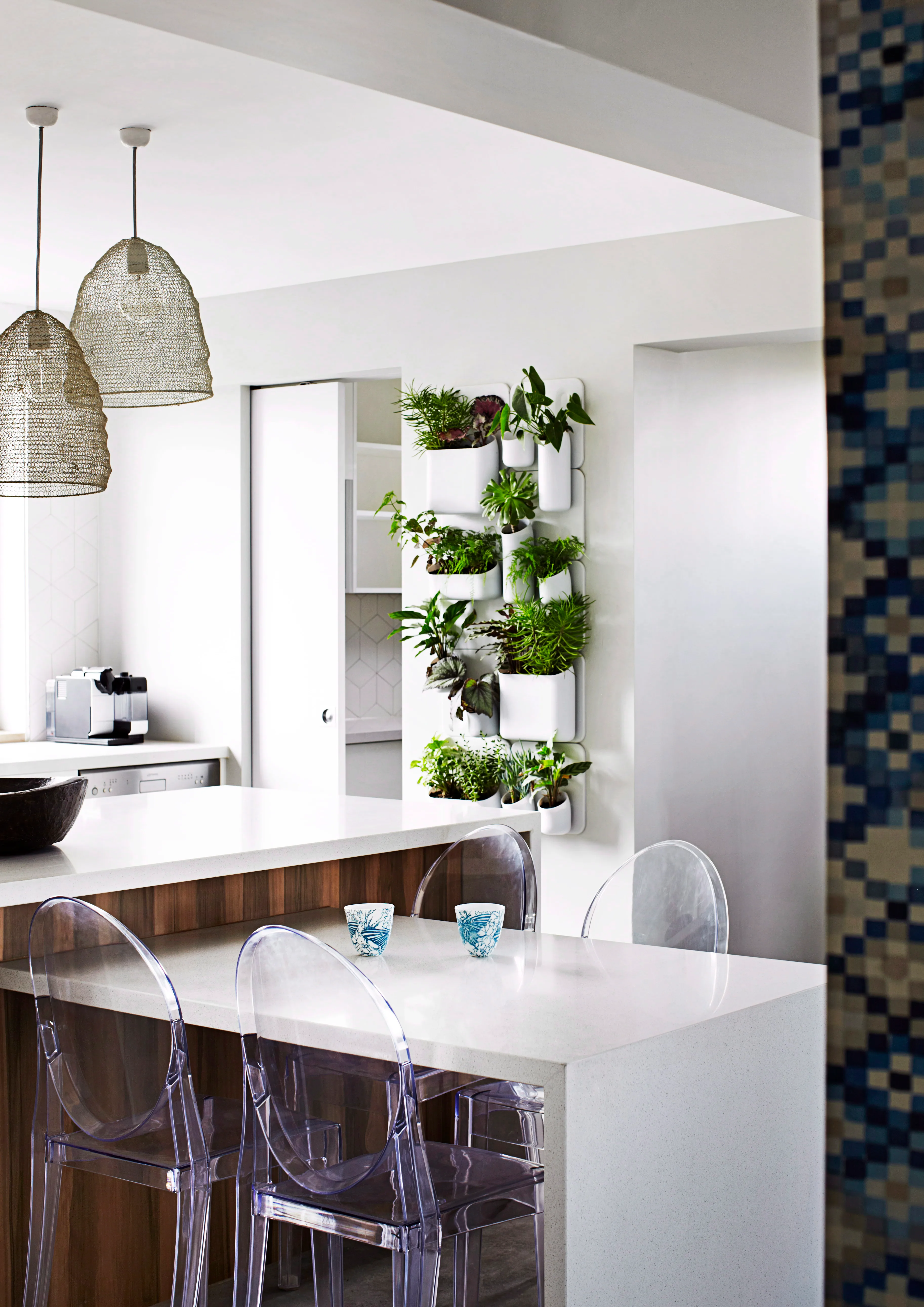 The kitchen features a Caesarstone ‘Frosty Carrina’ benchtop, a tiled splashback and a hint of greenery with a living wall by Urbio.