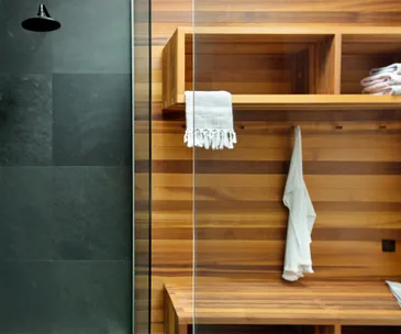 A bathroom renovation with a sauna-inspired aesthetic