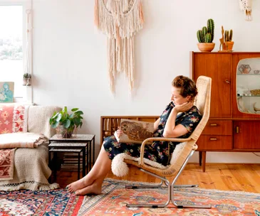 Inside the little houseboat filled with bohemian style