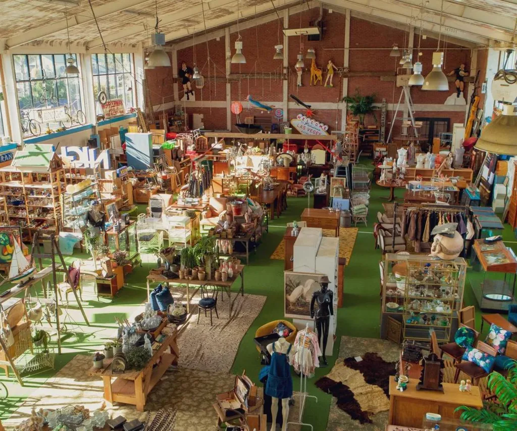 Looking down on the shop floor of Junk and Disorderly in Auckland. The large open space is littered with displays of furniture, homewares and other treasures, sitting on lime green carpet.