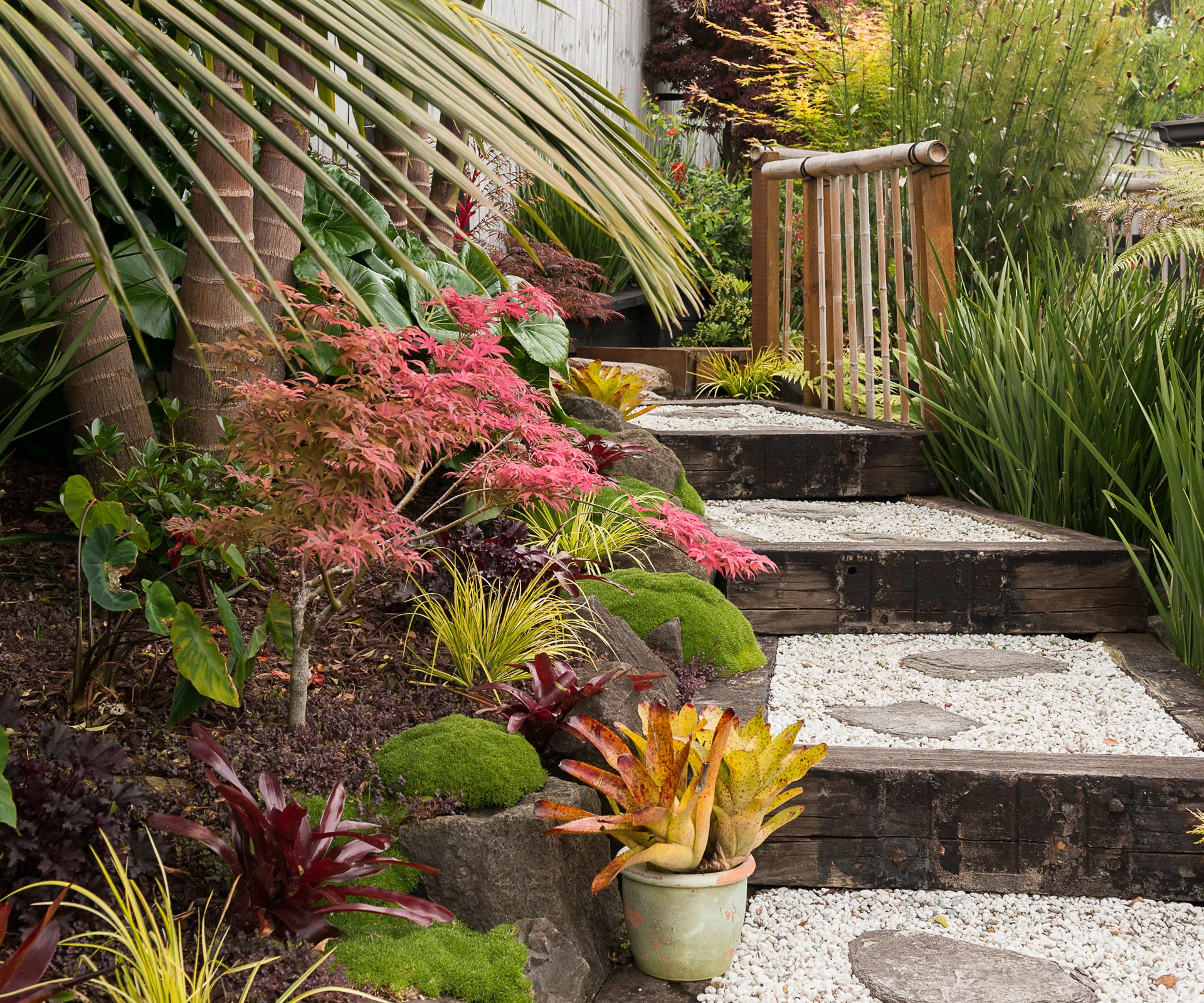 This Auckland garden was transformed from a bare slope into a Zen oasis