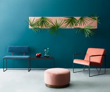 This Palm Springs inspired room proves coloured carpet is a winner