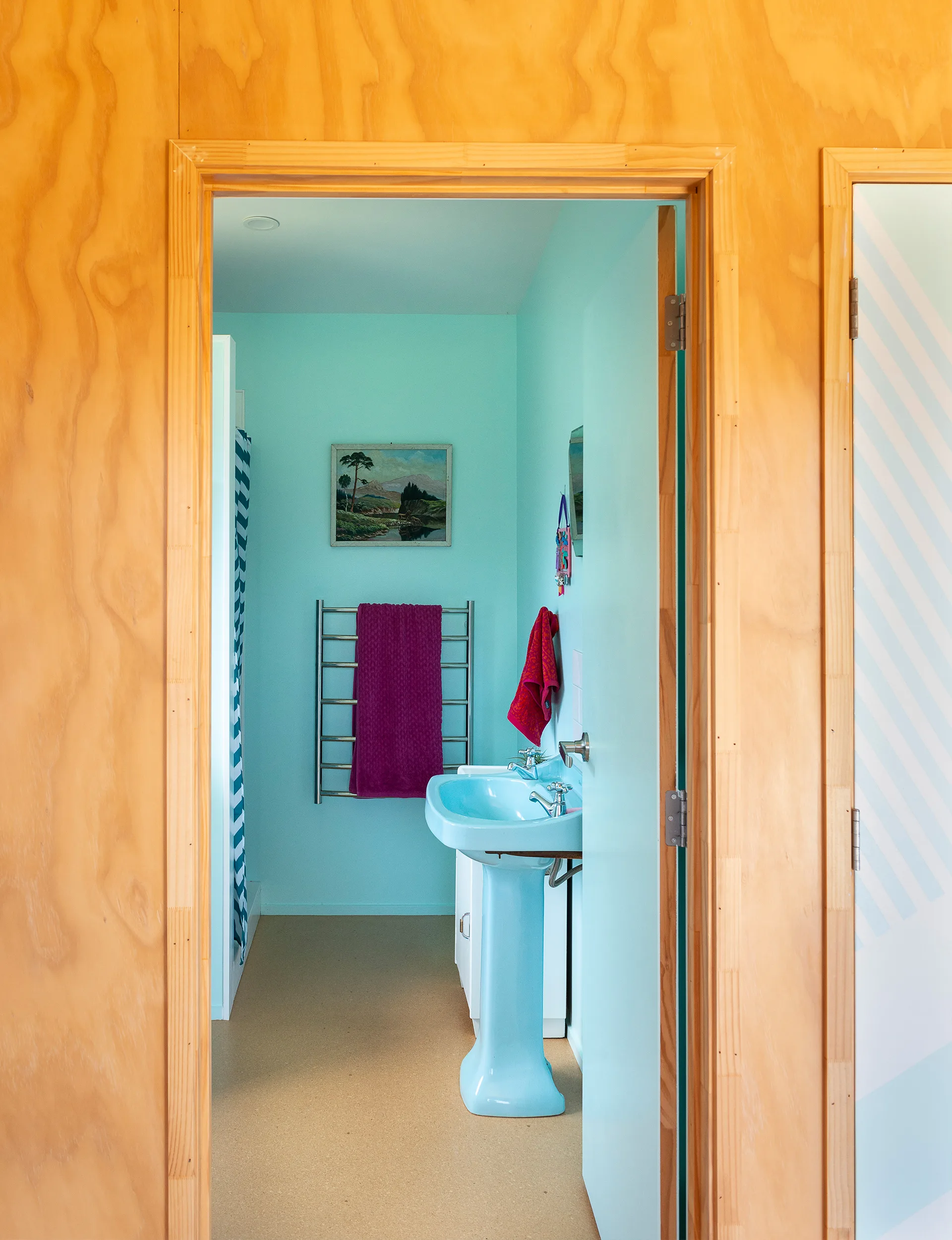 Mangawhai bach bathroom plywood walls