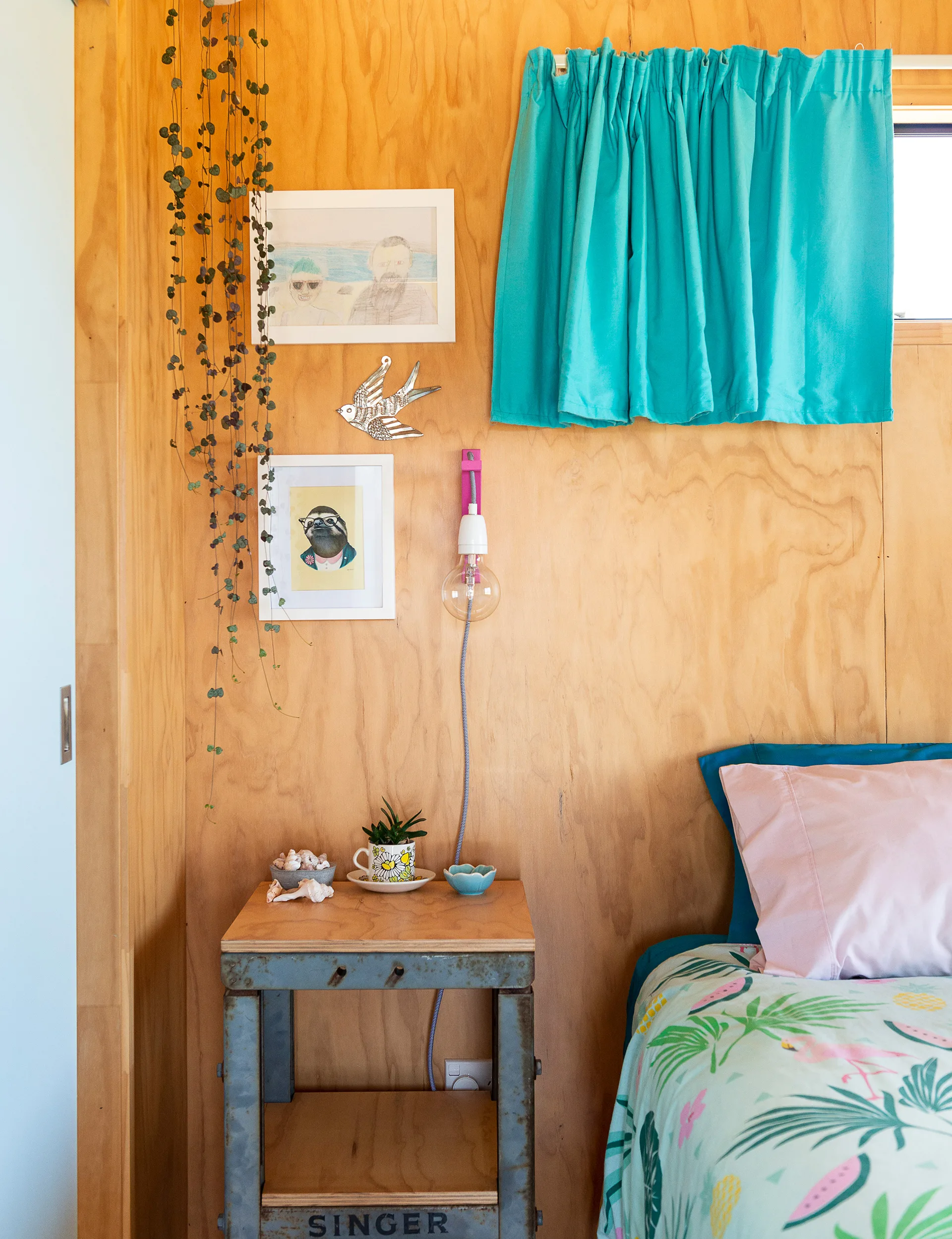Mangawhai bach bedroom plywood walls