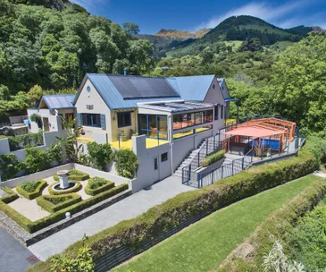 Enjoy panoramic views at this Mediterranean-style Akaroa home for sale