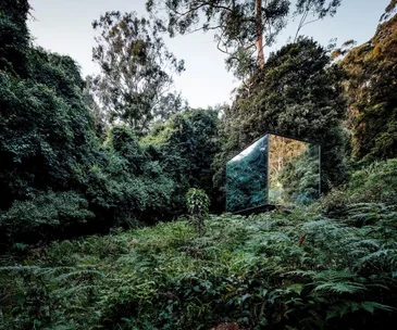 Inside a luxurious, mirror-clad bathroom in the bush