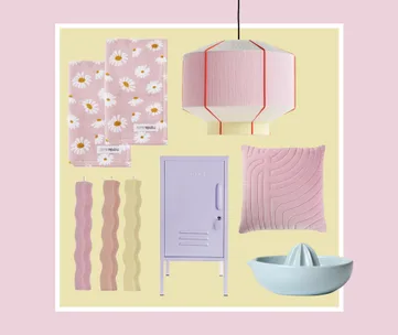 Home decor items: floral towels, pink lamp, wave candles, lilac locker, pink cushion, and blue juicer on pastel background.