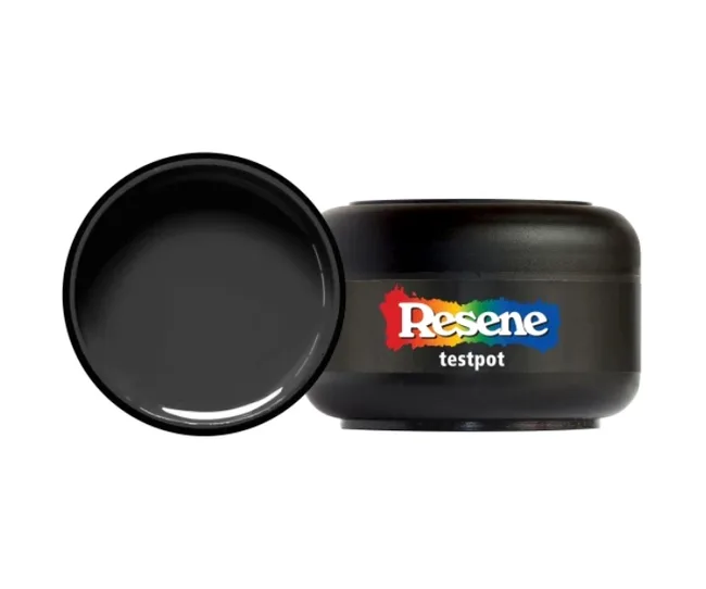 Resene testpot container in black with lid open, displaying the brand logo.