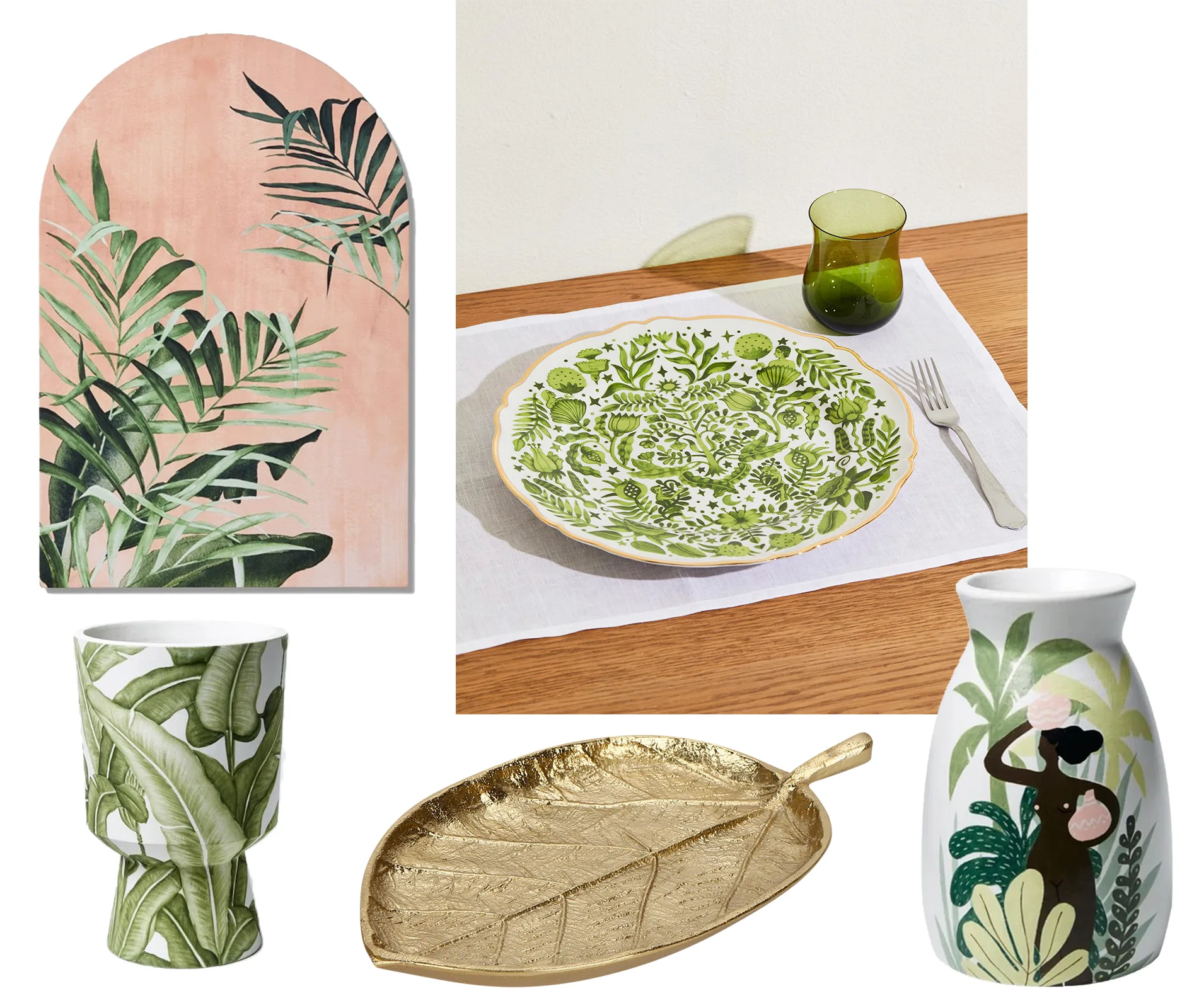 pink and green foliage-inspired homewares