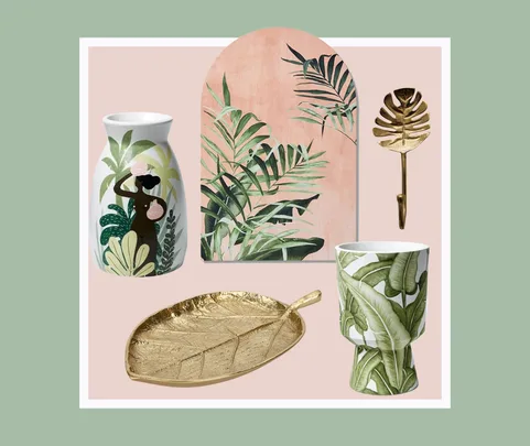 Decorative items with tropical leaf designs, including vases, a wall art piece, a hook, and a leaf-shaped tray.