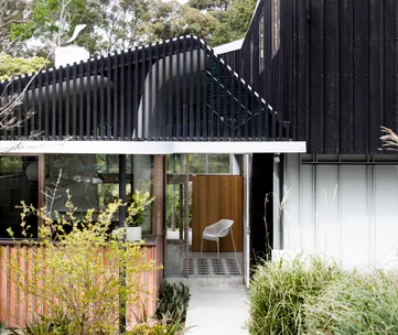 Modern house with wood siding, large windows, and a sleek entrance surrounded by greenery and trees.