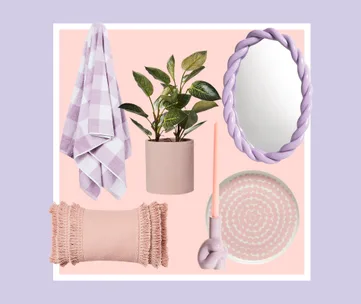 Pastel decor collage with a checkered towel, potted plant, purple mirror, fringed cushion, candle, and dotted plate.