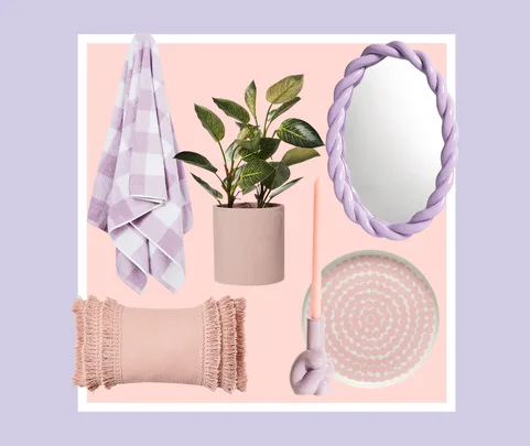 Pastel decor collage with a checkered towel, potted plant, purple mirror, fringed cushion, candle, and dotted plate.